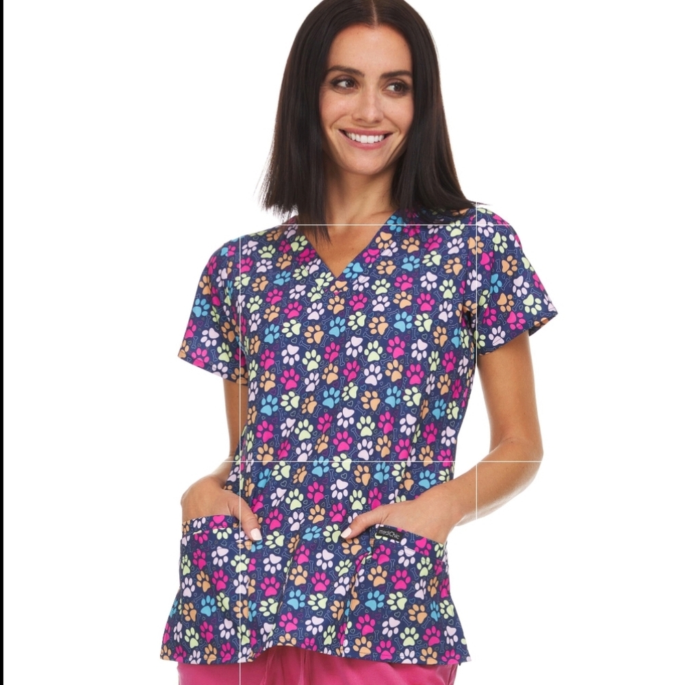 MediChic Paw Print Multicolor Scrub Top 2X